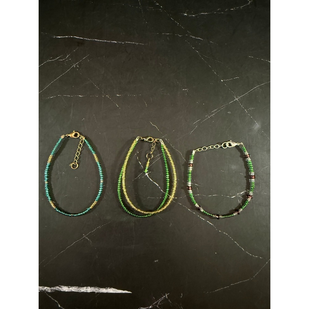 Set of 3 Green and Gold Seed Bead Bracelets Lobster Clasp